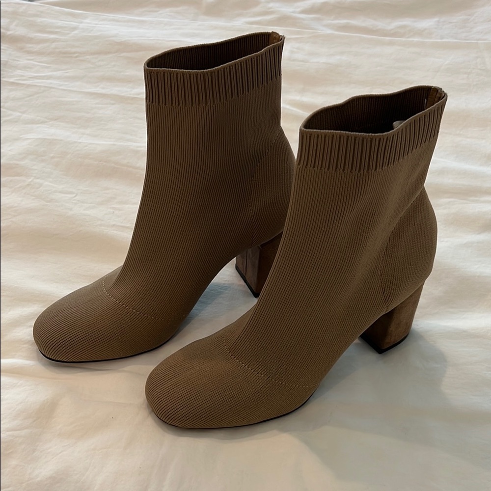Brown Knit Sock Booties with Block Heel